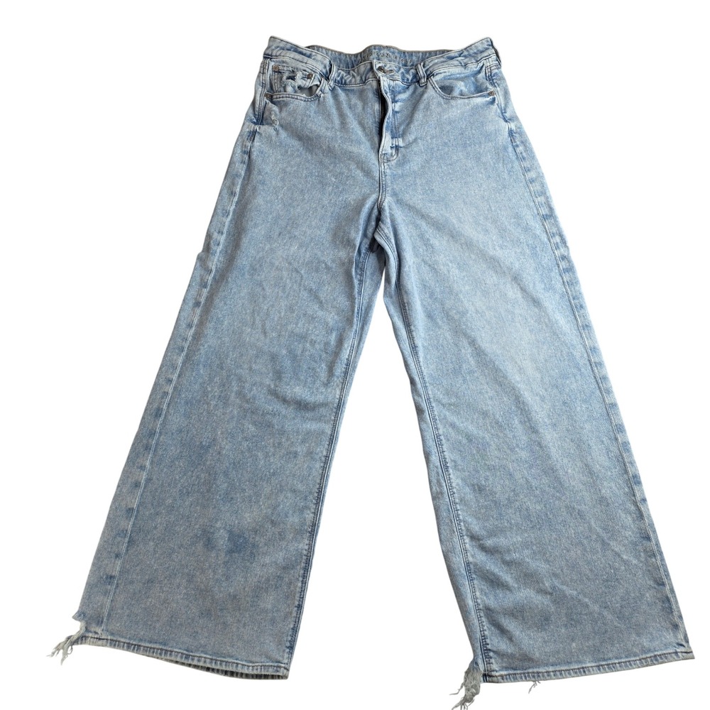 American Eagle Wide Leg Jeans Womens 14 Light Blue Good Distressed Frayed Hem